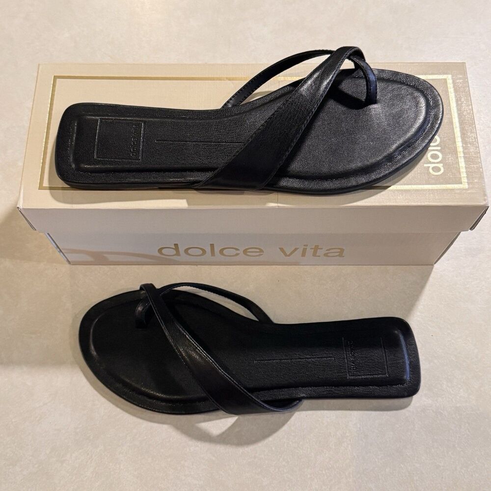 NEW Dolce Vita Shoes 8 Sandals Slides Black Lenex Stella Toe Loop Faux Leather